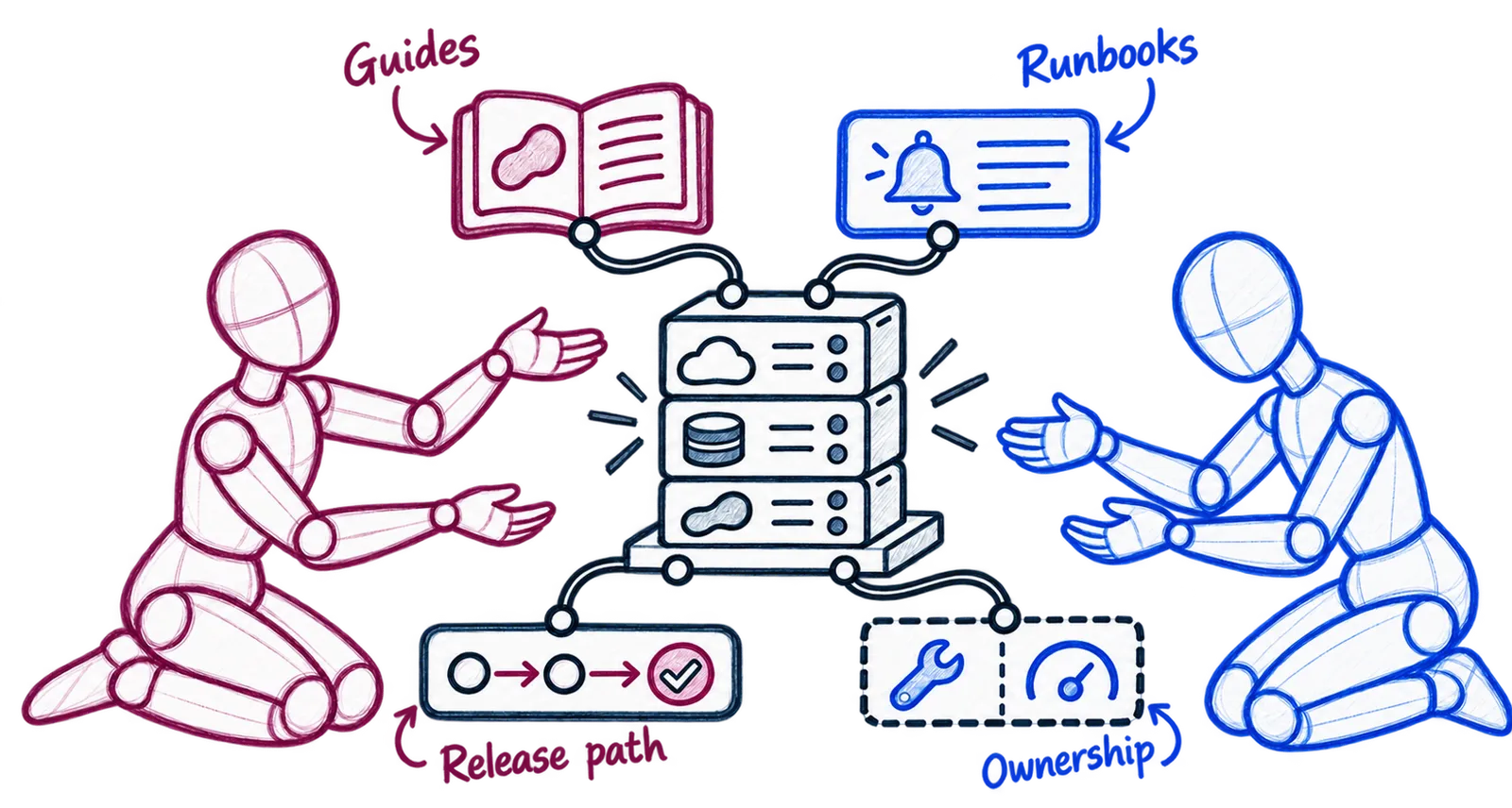 An engineer passes a system to an operator together with connected guides, runbooks, a release path, and a clear ownership boundary