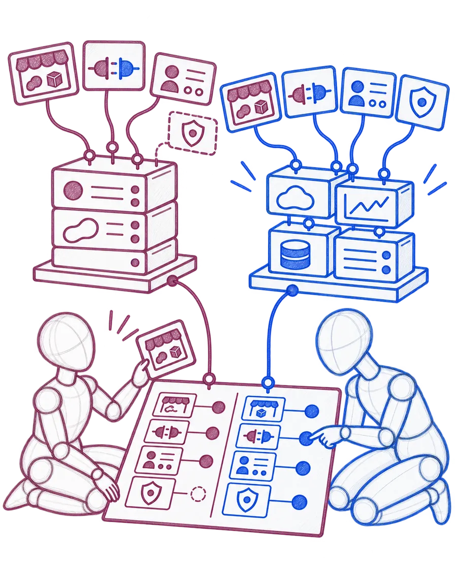 Two engineers compare a fixed commerce platform with a modular platform shaped around storefront, integration, operations, and safeguard requirements