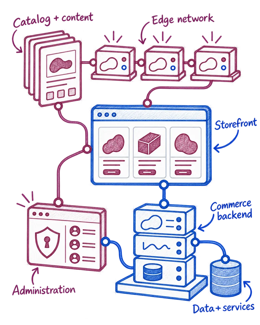 Conceptual architecture showing catalog content published through an edge network to the storefront, with live commerce handled by the administration console, commerce backend, and data services